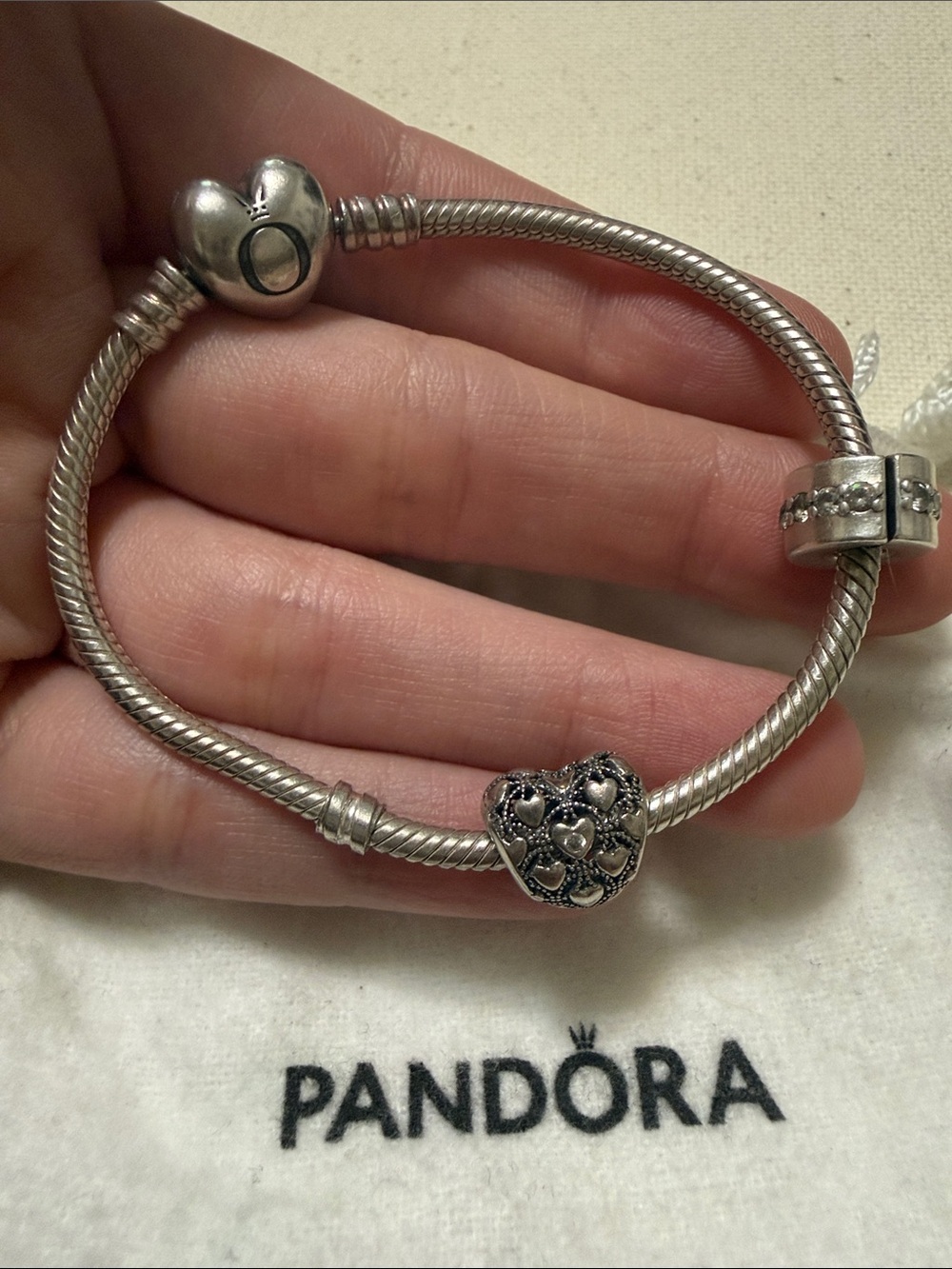 Pandora Silver Heart Charm Bracelet with Filigree Heart